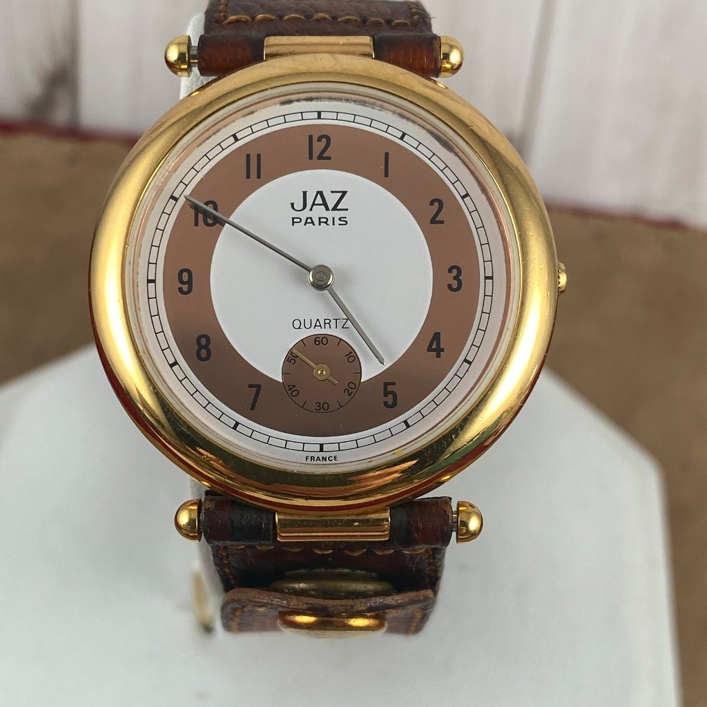 Vintage French Jaz 2 Tone Gold & Stainless Watch Jaz-Marked Brown Leather Strap